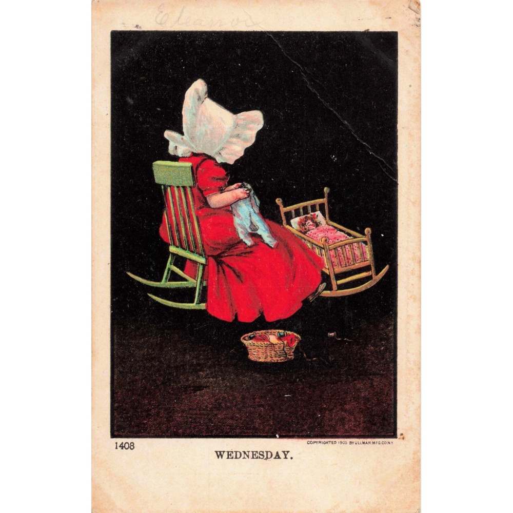 Vintage 1905 Ullman Mfg Co Wednesday Postcard Girl Sewing Rocking Chair 1408 - Picture 1 of 2